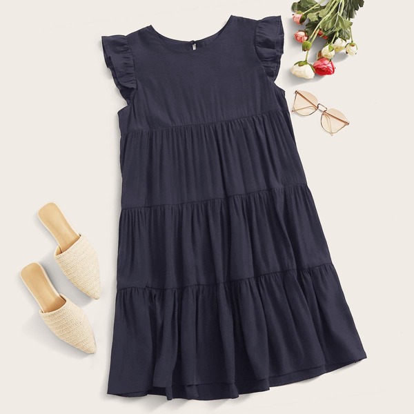 

Ruffle Armhole Layered Smock Dress, Navy blue