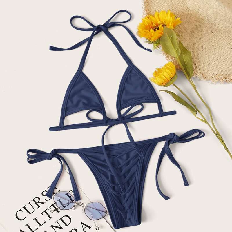 

Halter Triangle Tie Side Bikini Swimsuit, Navy blue