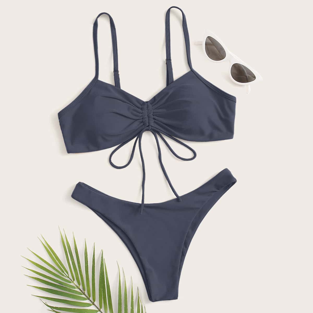 

Drawstring Front Cheeky Bikini Swimsuit, Grey