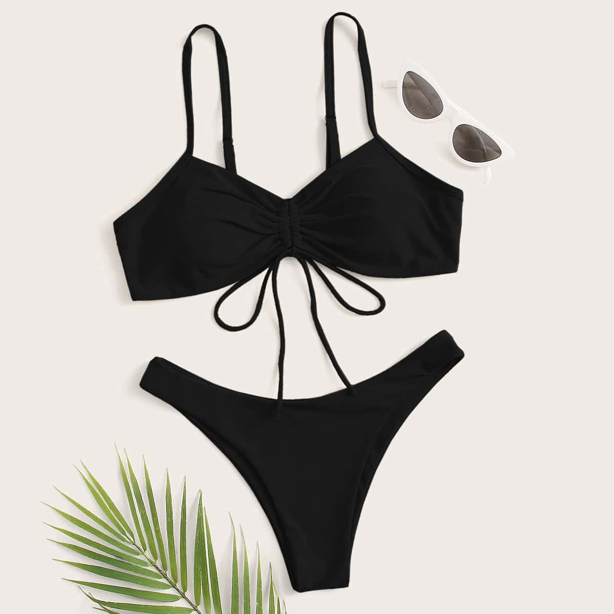 

Drawstring Front Cheeky Bikini Swimsuit, Black