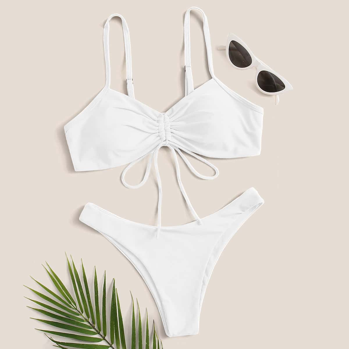 

Drawstring Front Cheeky Bikini Swimsuit, White