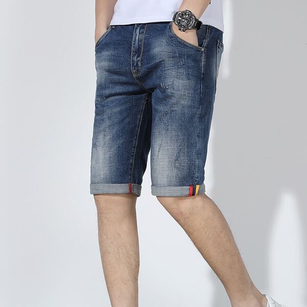 

Men Cuffed Hem Denim Shorts, Blue