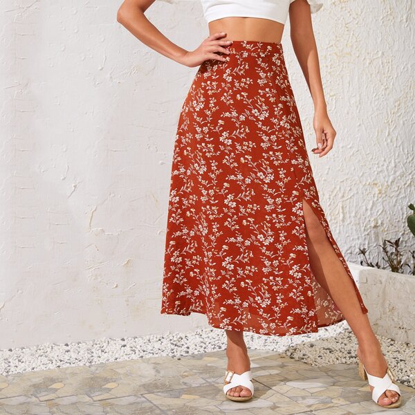 

Split Hem Floral Print Skirt, Orange