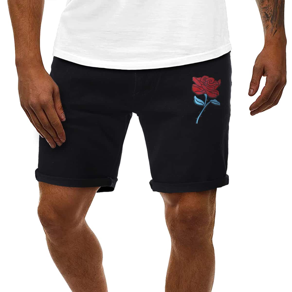 

Guys Floral Embroidery Denim Shorts, Black