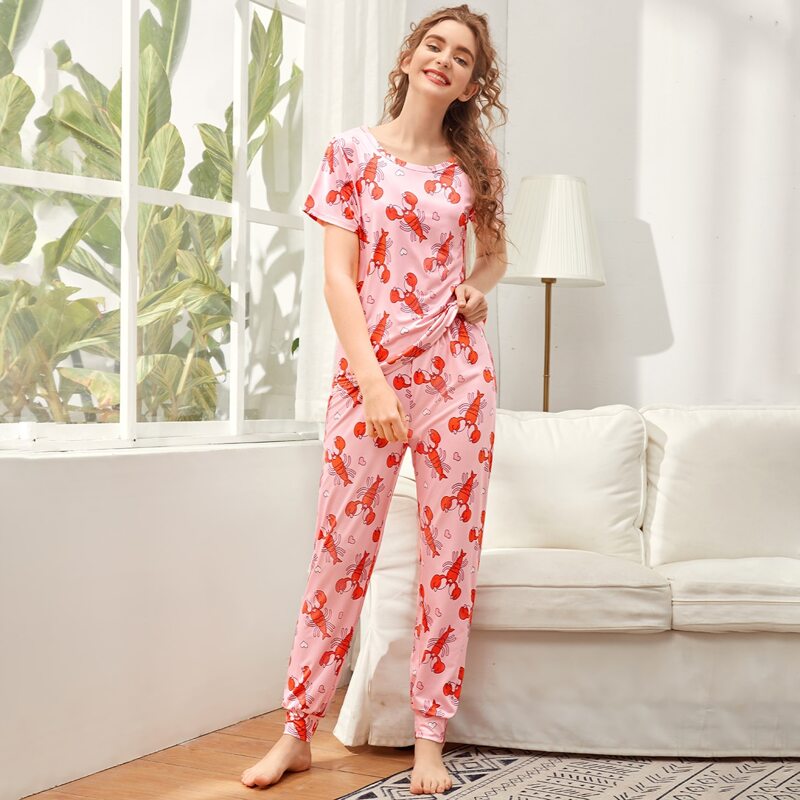

Allover Crayfish Print Short Sleeve PJ Set, Pink