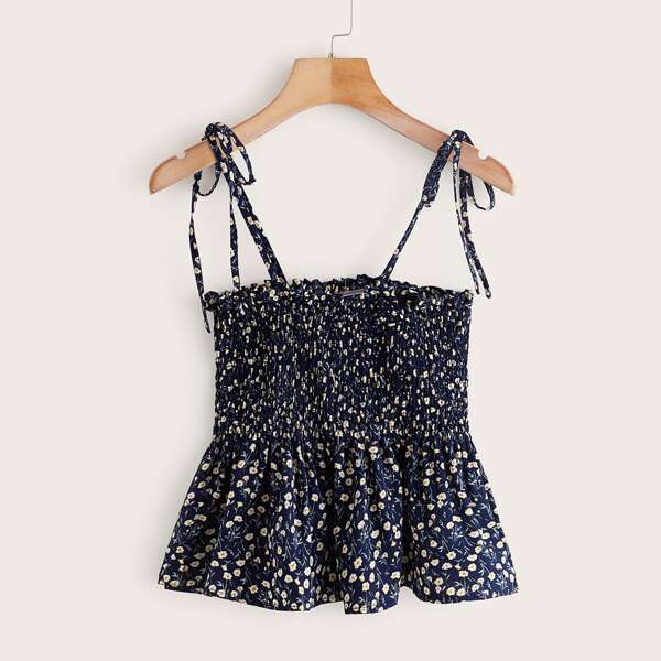 

Ditsy Floral Shirred Knotted Cami Top, Navy blue