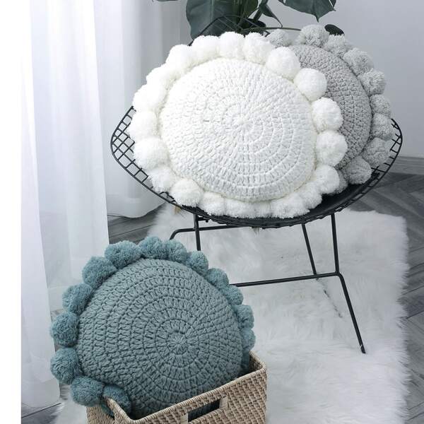 

1pc Pom Pom Decor Knitted Cushion Cover, Multicolor