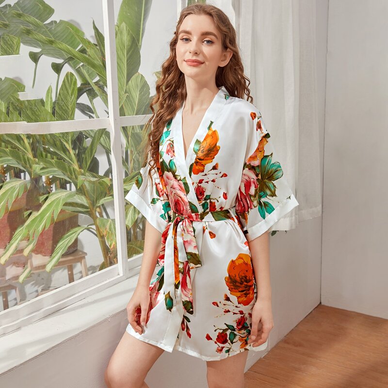 

Large Floral Print Self Tie Satin Robe, Multicolor