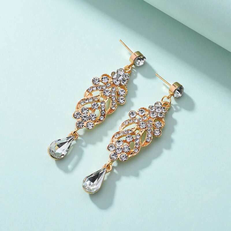

Rhinestone Engraved Drop Earrings, Gold