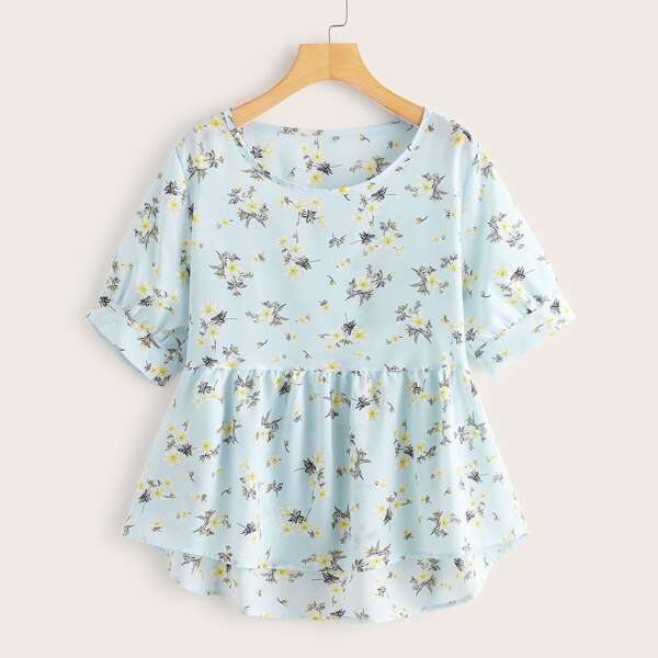 

Floral Print Babydoll Blouse, Blue