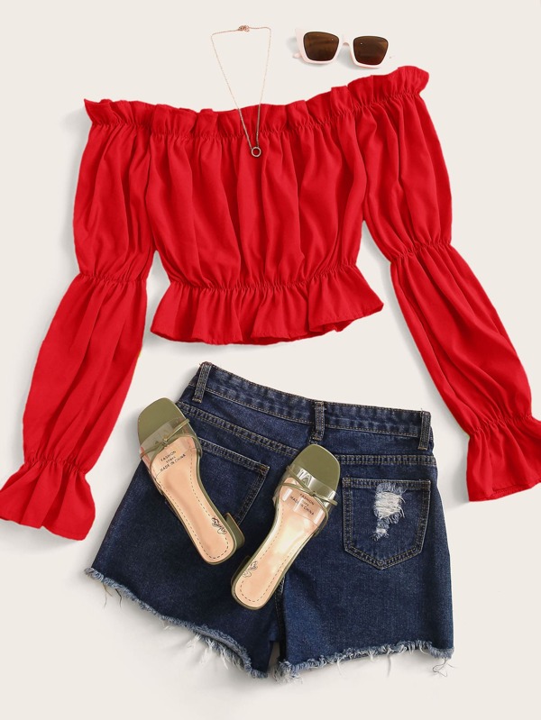 SHEIN Unity Solid Ruffle Trim Off The Shoulder Blouse,Long Sleeve Tops Fall Cloth For Women