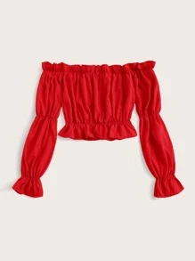 SHEIN Unity Áo trễ vai viền bèo nhún trơn, áo dài tay - Đỏ - Xem 2