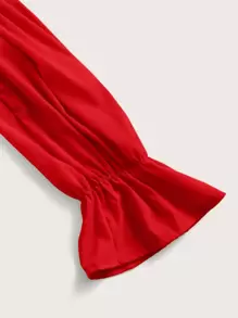 SHEIN Unity Áo trễ vai viền bèo nhún trơn, áo dài tay - Đỏ - Xem 4