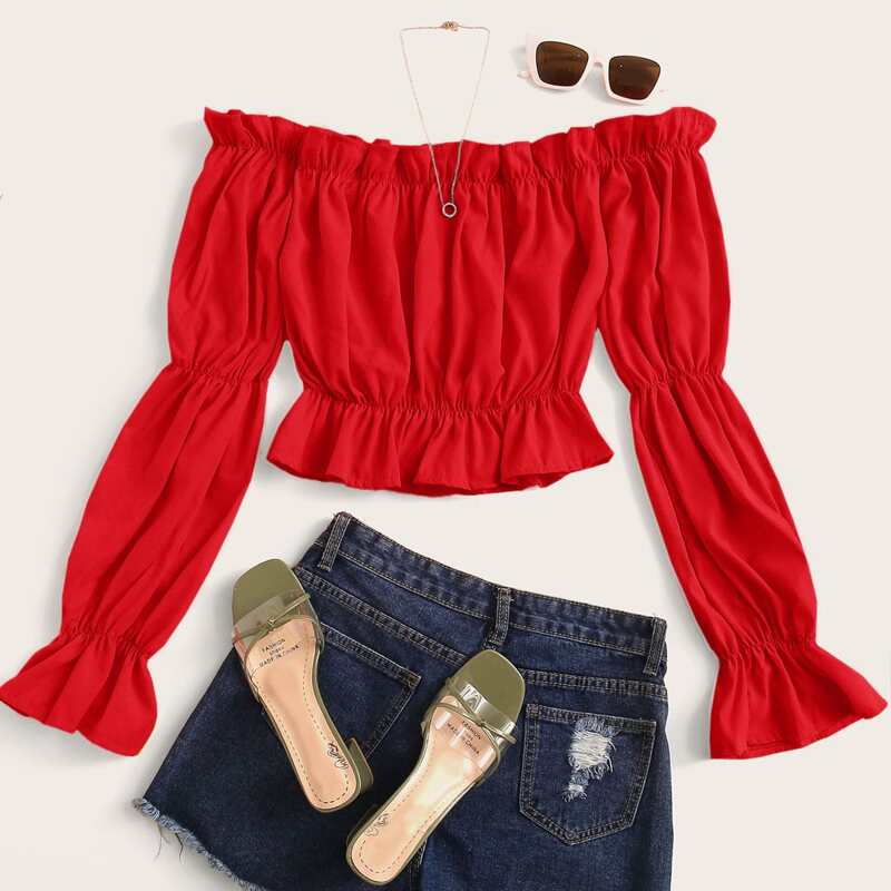 

Solid Ruffle Trim Off The Shoulder Blouse, Red
