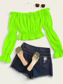 SHEIN VCAY 熒光綠色荷葉邊一字肩襯衫 - 綠色 - 查看 1