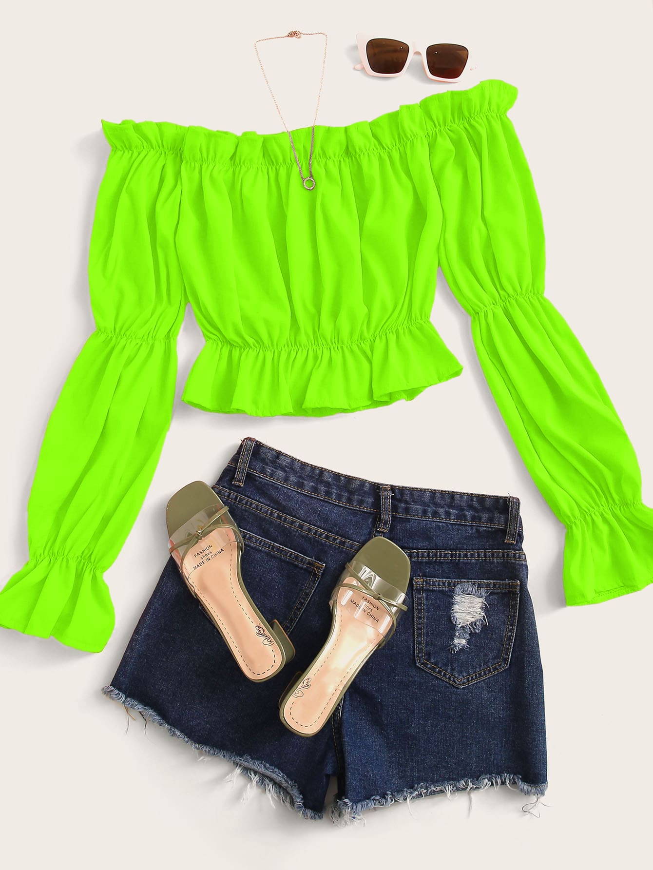 SHEIN VCAY 熒光綠色荷葉邊一字肩襯衫 - 綠色 - 查看 1