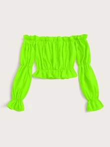 SHEIN VCAY 熒光綠色荷葉邊一字肩襯衫 - 綠色 - 查看 2
