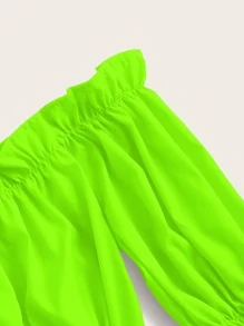 SHEIN VCAY 熒光綠色荷葉邊一字肩襯衫 - 綠色 - 查看 3
