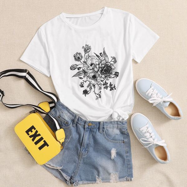 

Floral Print Round Neck Tee, White