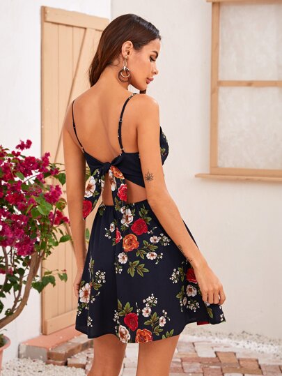 Twist Cut Out Front Tie Back Floral Print Slip Dress