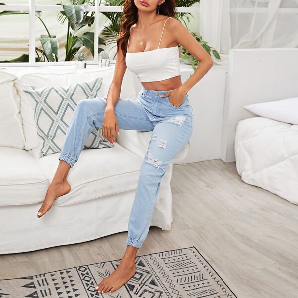 

Light Wash Ripped Tapered Jeans, Blue pastel