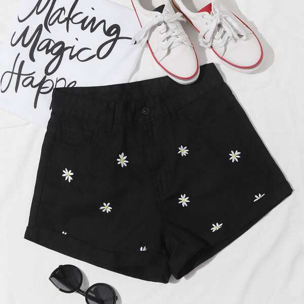 

Floral Embroidered Wide Leg Denim Shorts, Black