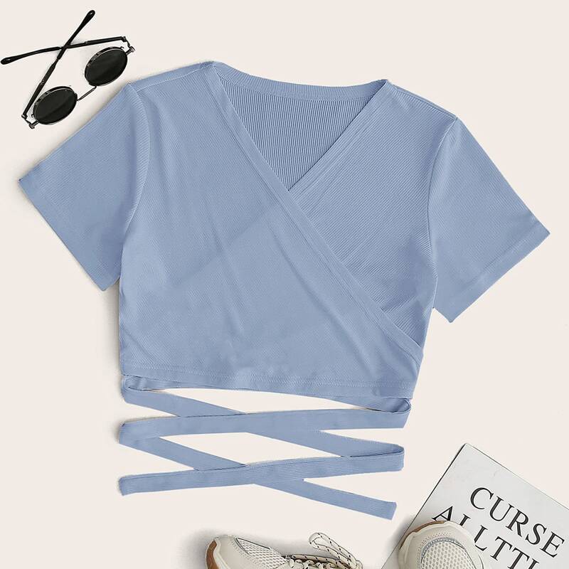 

Criss Cross Wrap Crop Top, Blue