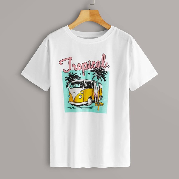 

Tropical And Letter Graphic Tee, White