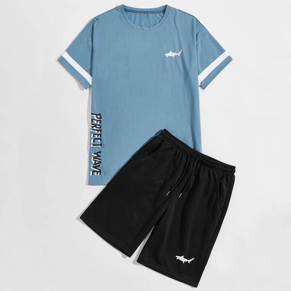 

Men Shark & Slogan Graphic Tee & Track Shorts, Multicolor