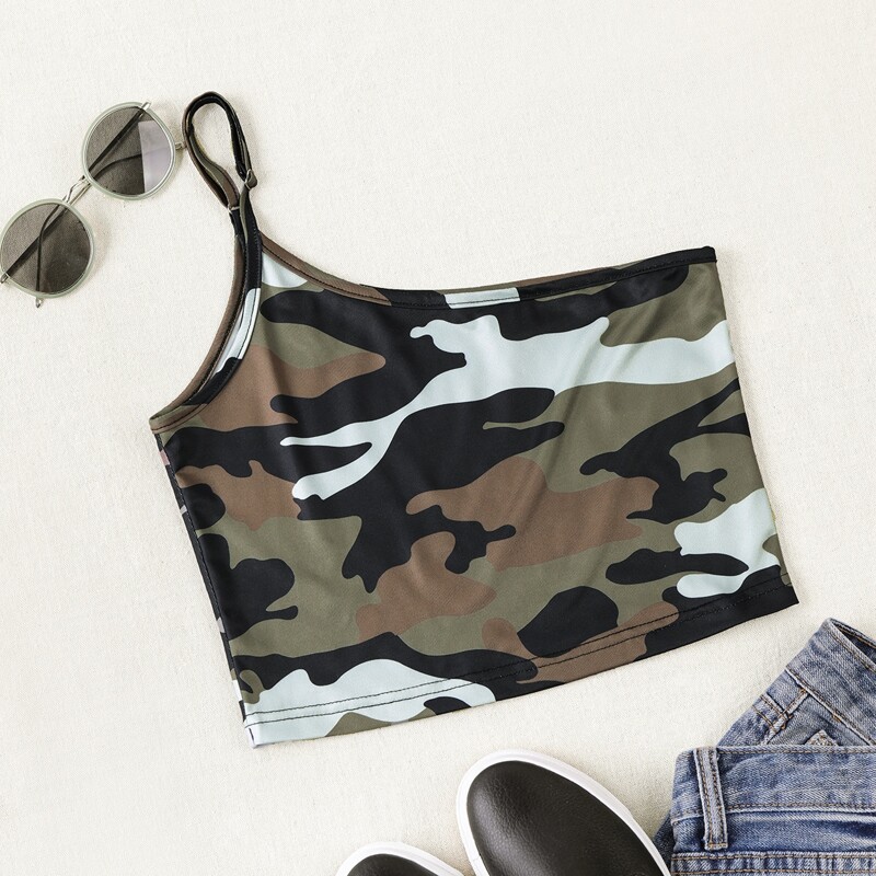 

One Shoulder Camo Print Crop Top, Multicolor