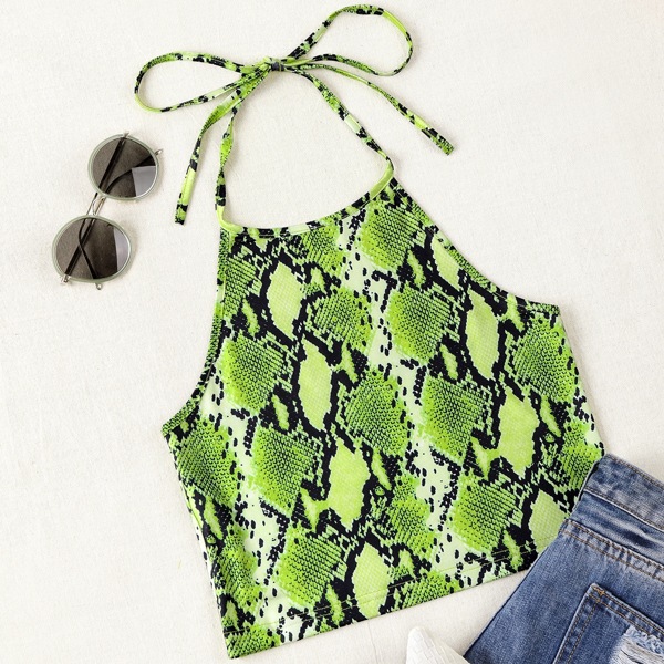 

Snakeskin Print Crop Halter Top, Green