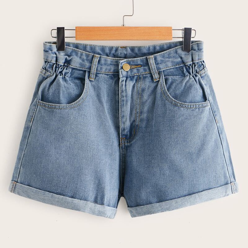 

Cuffed Denim Shorts, Blue