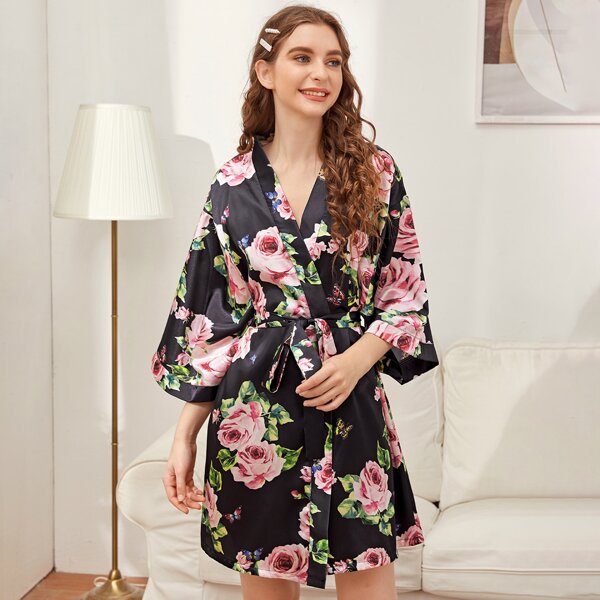 

Floral Print Belted Satin Robe, Black