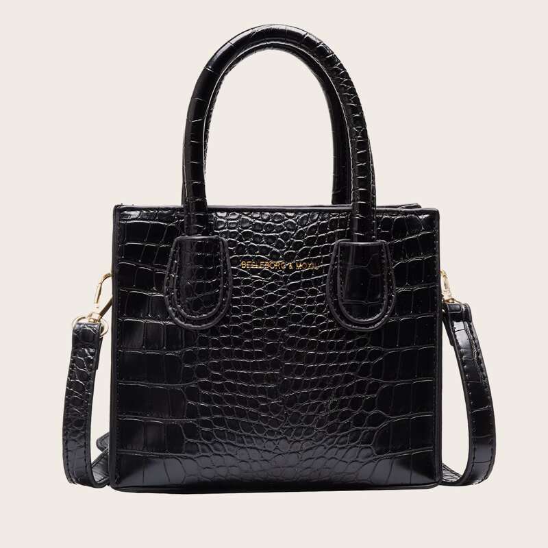

Croc Embossed Satchel Bag, Black