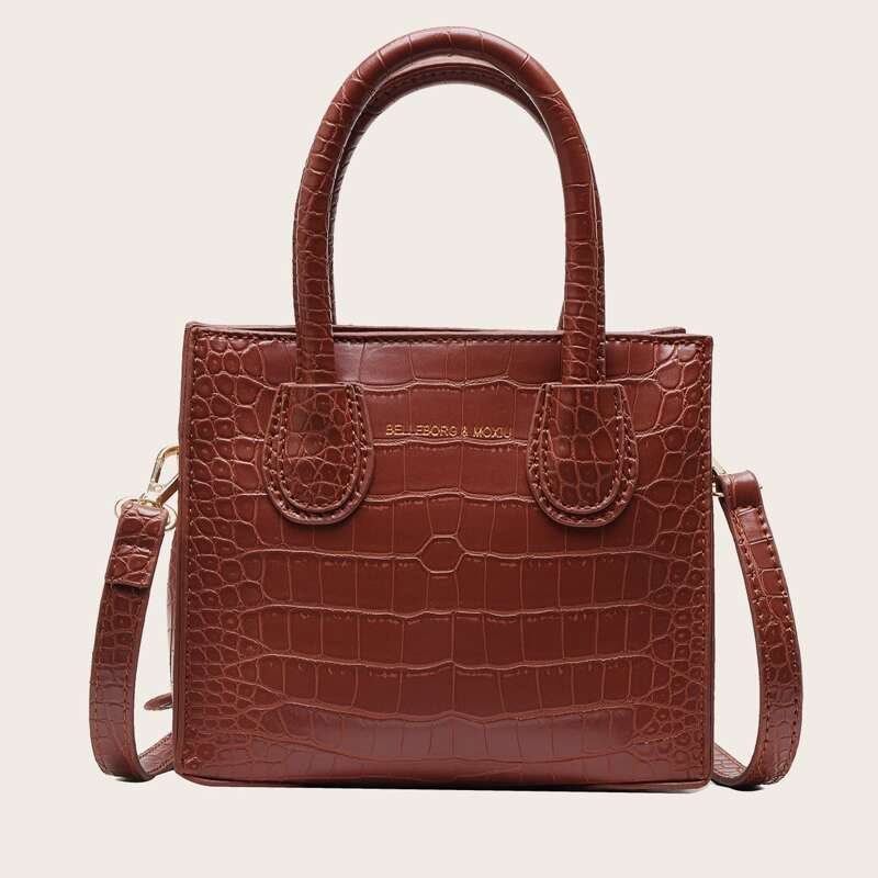 

Croc Embossed Satchel Bag, Brown