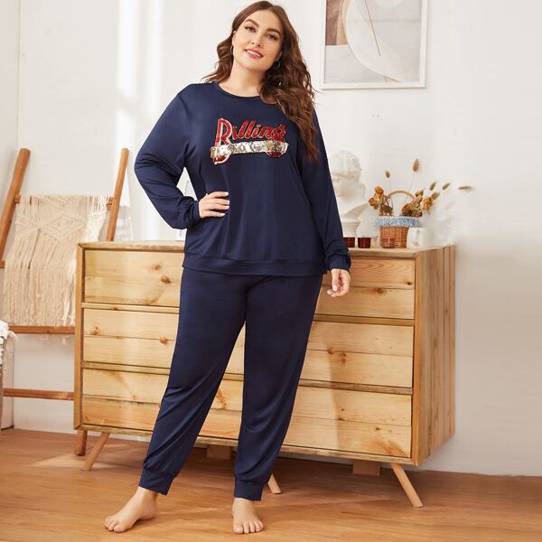 

Plus Contrast Sequin Letter Graphic Nightdress, Navy