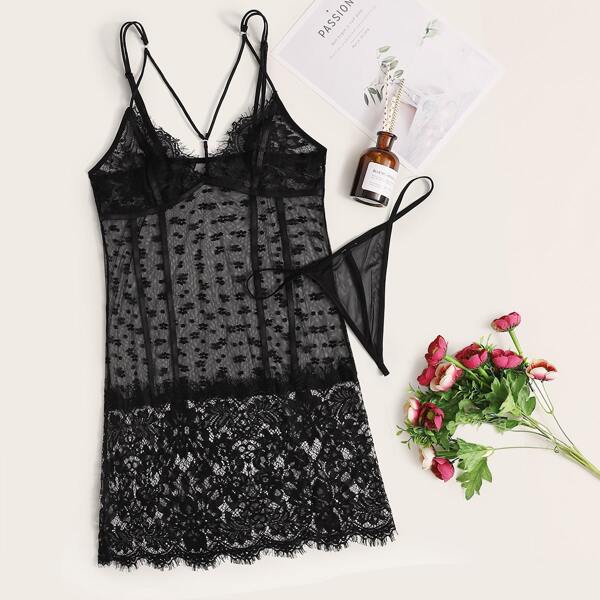 

Eyelash Lace Harness Slips With Thong, Black