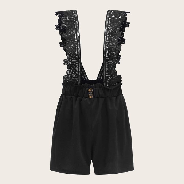 

Guipure Lace Panel Paperbag Waist Shorts, Black