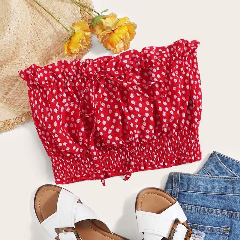 

Ruffle Trim Shirred Hem Ditsy Floral Top, Red