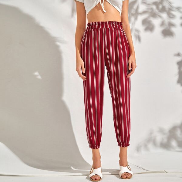 

Striped Paper Bag Waist Tapered Pants, Red