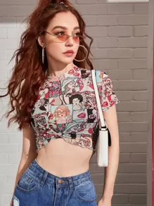 SHEIN EZwear Veel kleurig Casual Pop Art Print Dame top Plooiingen