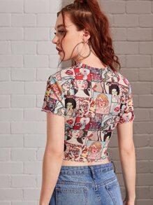 SHEIN EZwear Veel kleurig Casual Pop Art Print Dame top Plooiingen