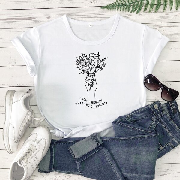 

Floral & Slogan Graphic Tee, White