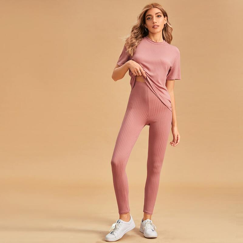 

Rib-Knit Tee With Pants Lounge Set, Pink