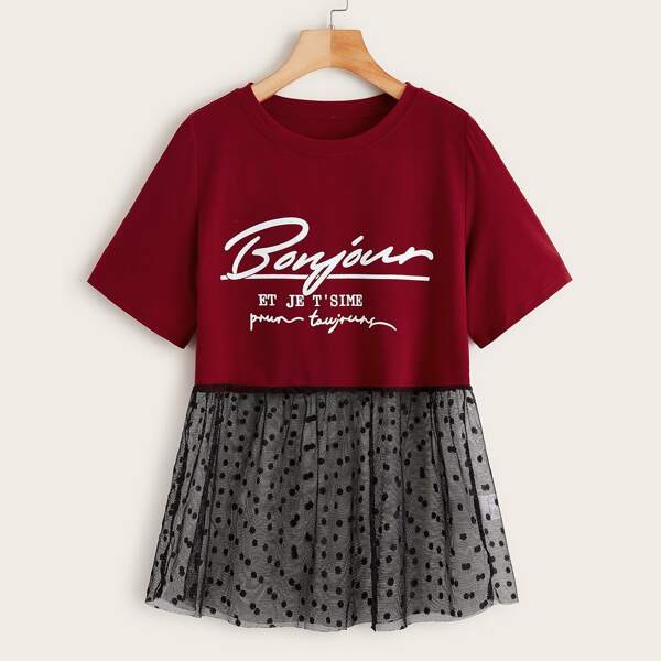 

Letter Graphic Dot Mesh Hem Tee, Multicolor