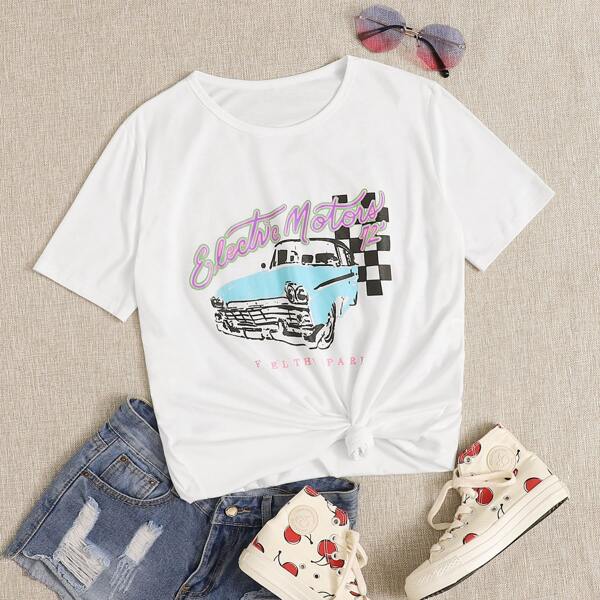 

Plus Slogan & Car Print Tee, White