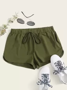 SHEIN Quần short Thắt nơ trước màu trơn xanh quân đội Thể thao - xanh quân đội - Xem 1