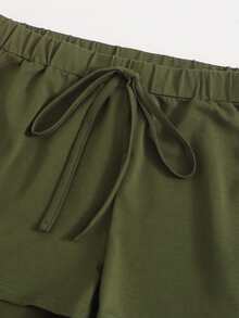 SHEIN Quần short Thắt nơ trước màu trơn xanh quân đội Thể thao - xanh quân đội - Xem 5