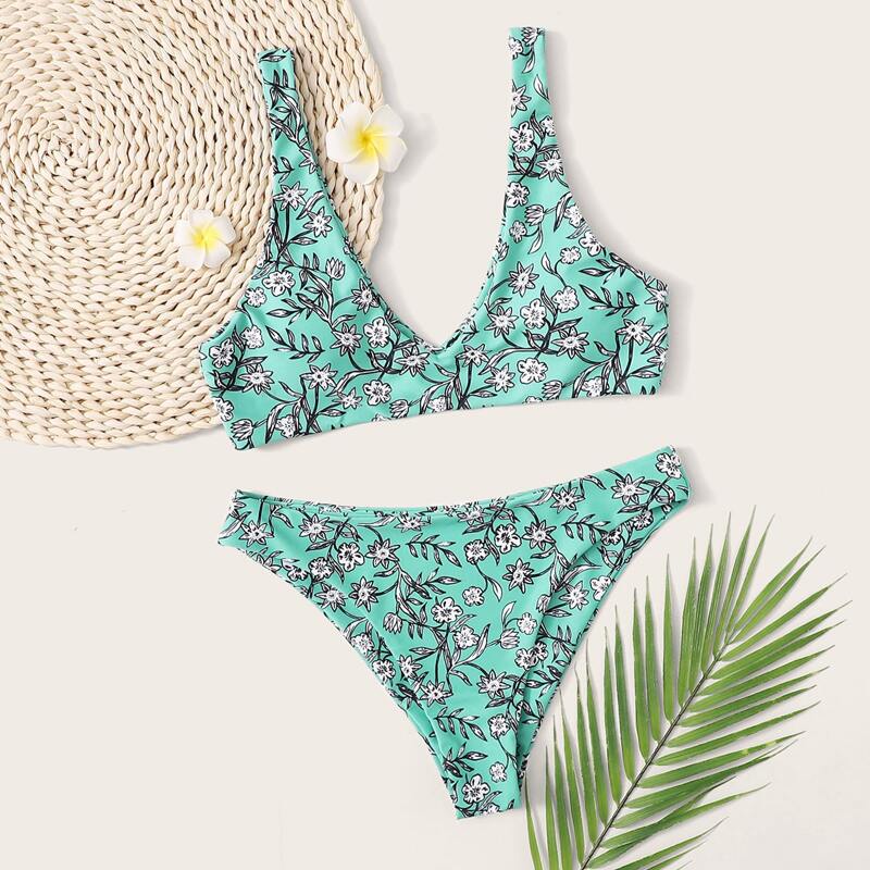 

Floral Print Bikini Swimsuit, Green