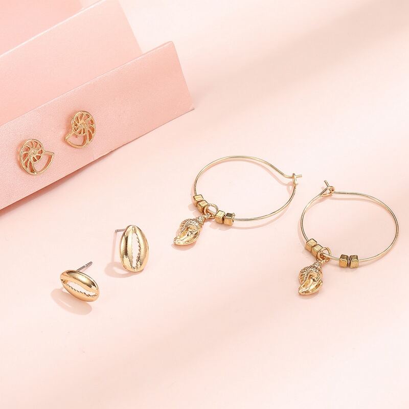 

3pairs Shell Charm Earrings, Gold